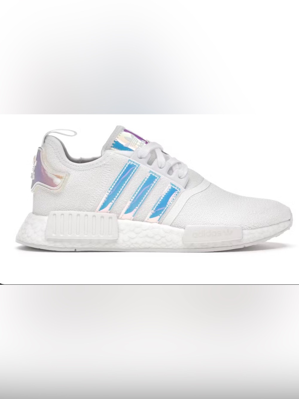 Preowned NMD R1 Adidas Women's White Sneakers with Iridescent Stripes size 8.5